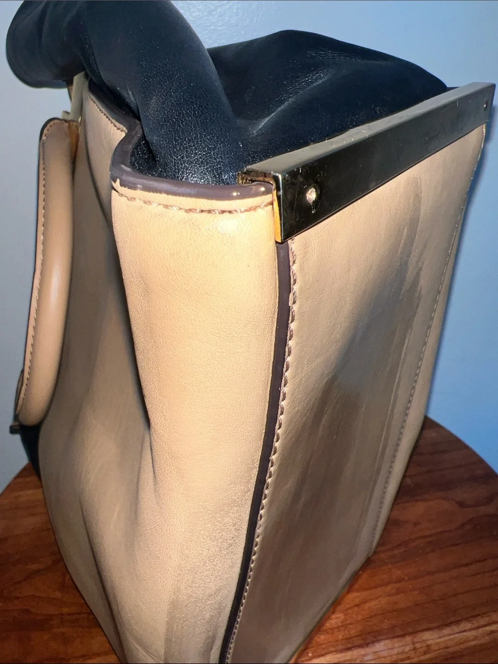 Michael Kors Two-Tone Tan & Black Leather Satchel with Gold Hardware